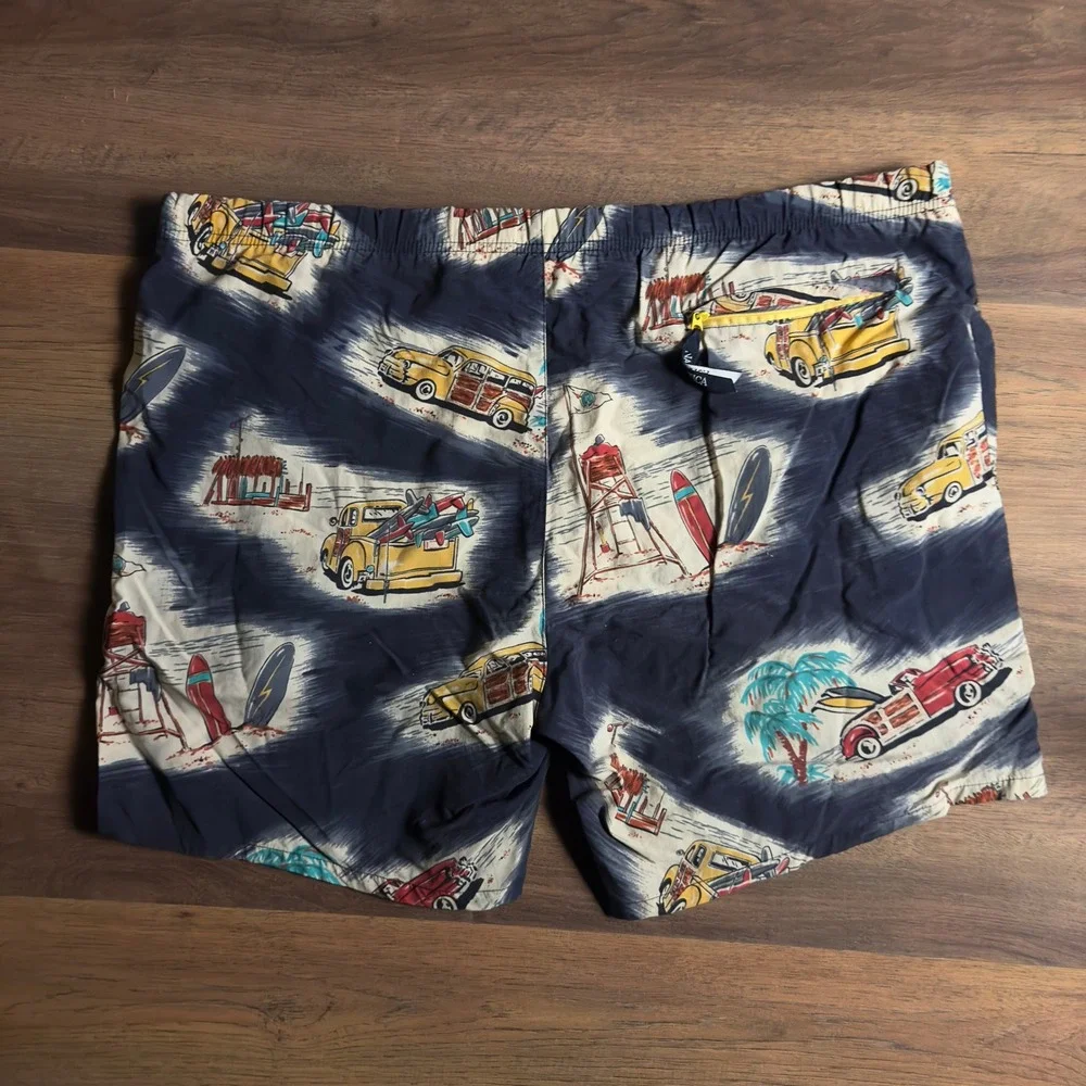 Nautica Mens‎ Navy Blue Tropical Woody Car Surf Print Swim Trunks Size Large L